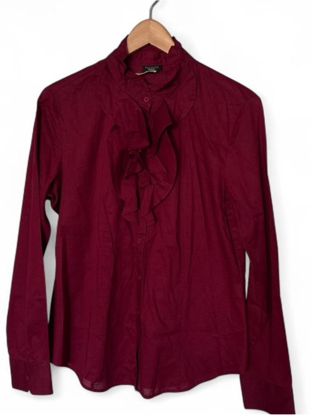 Talbots Burgundy ruffle blouse with button-up front and long sleeves 10